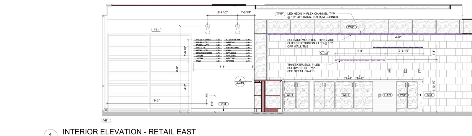 Interior elevation drawing of the Novel Escape caf&eacute; wall