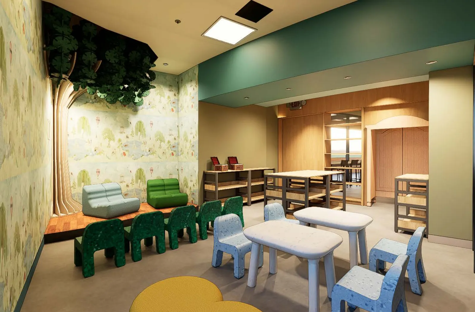 Rendering of the children's area with a tree mural at Novel Escape